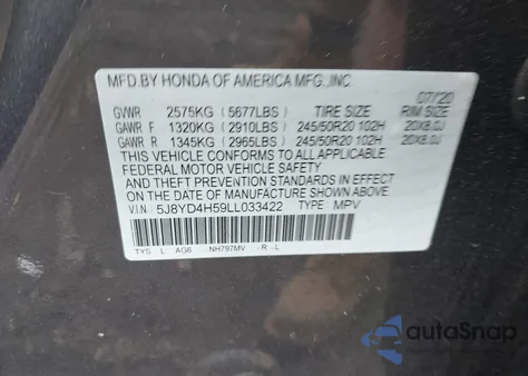 2020 Acura Mdx Technology Package z USA, uszkodzony, nr VIN 5J8YD4H59LL033422